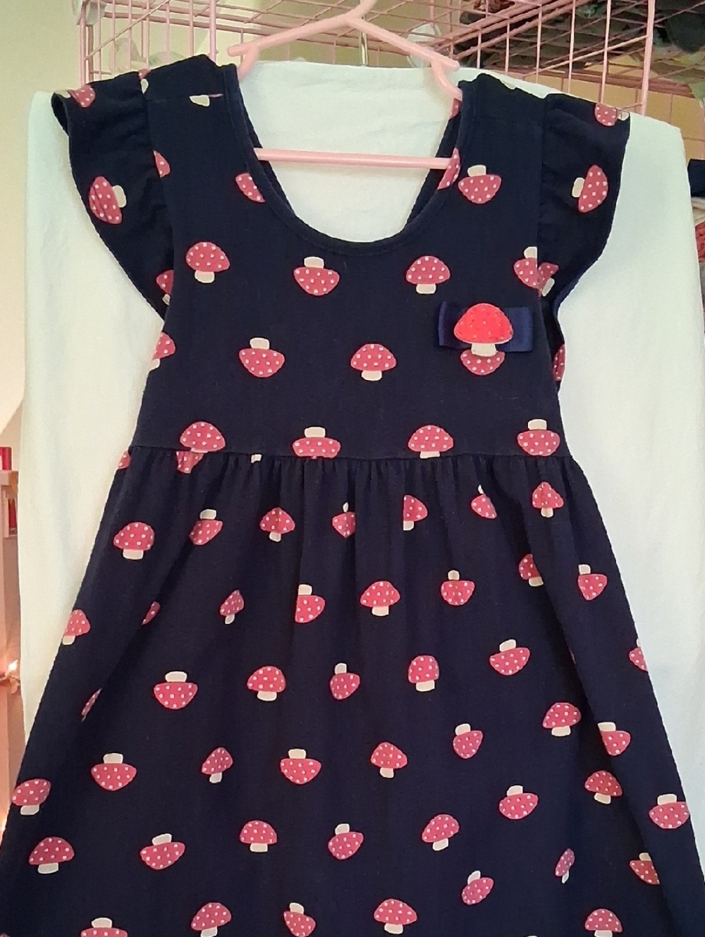 Cute Style Girls Navy Mushroom Print Dress with Bow.